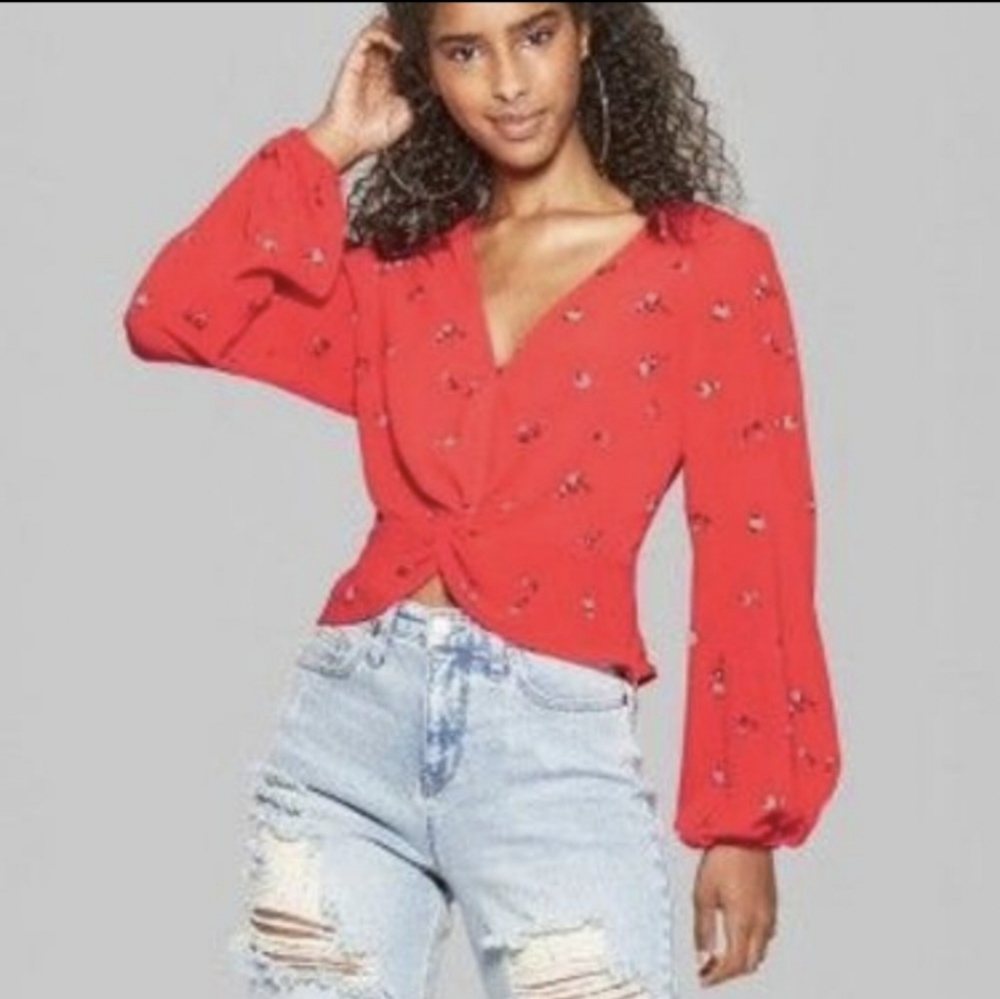 Red Floral Twist Long Sleeve Blouse